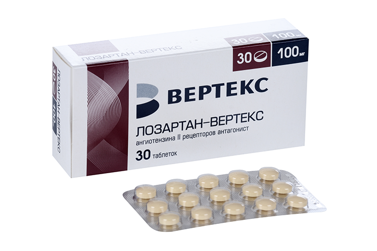 Лозартан-Вертекс 100 мг, 30 шт, таблетки покрытые пленочной оболочкой