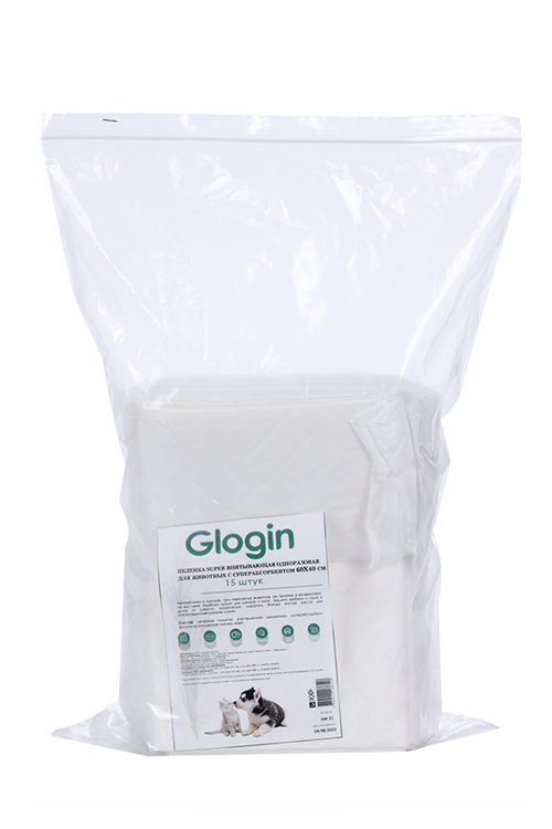 Пеленка GLOGIN super д/животных впитывающая одноразовая с суперабсорбентом 60х40 см 15 шт