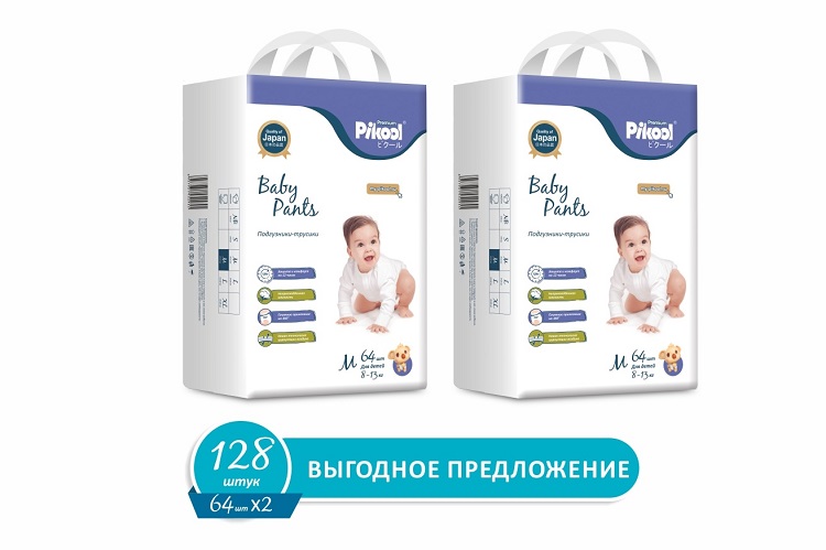 Подгузники-трусики детские Пикул Премиум M (8-13кг), 128 шт, (64х2)