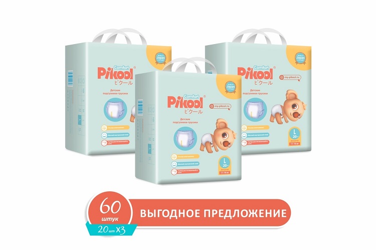 Подгузники-трусики детские Пикул Комфорт L (11-16кг), 60 шт, (20 х3)