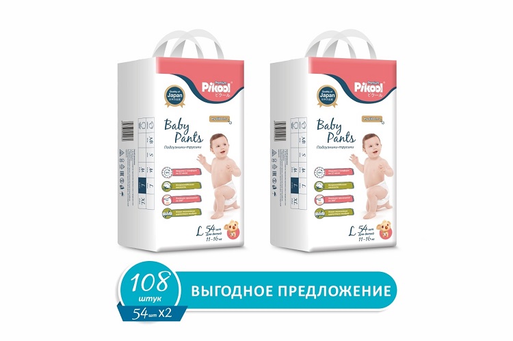 Подгузники-трусики детские Пикул Премиум L (11-16кг), 108 шт, (54 х2)