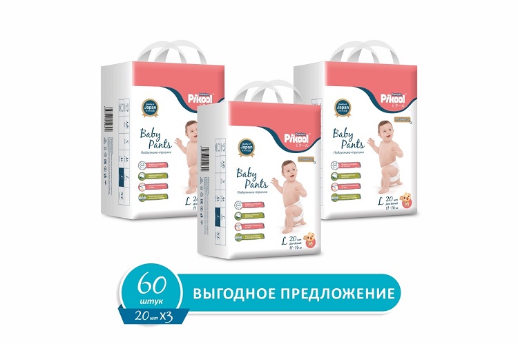 Подгузники-трусики детские Пикул Премиум L (11-16кг), 60 шт, (20 х3)