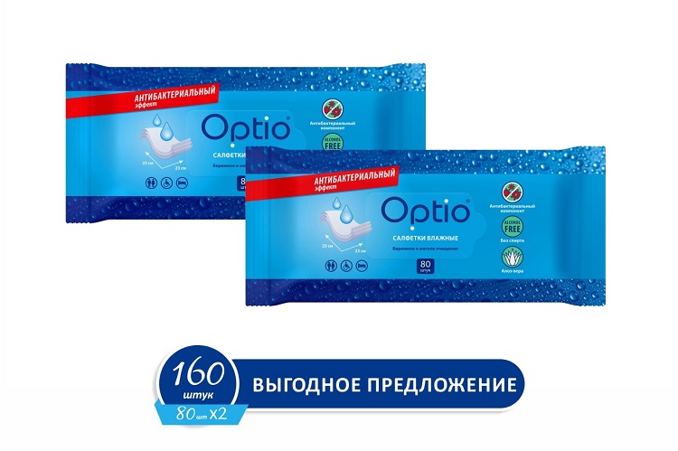Салфетки Оптио влажн антибактер, 160 шт