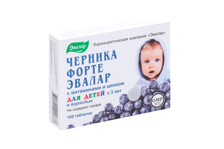 Черника-форте с витаминами и цинком, 0,25 г, 100 шт, таблетки