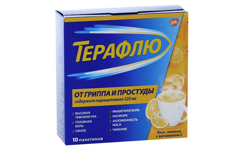 ТераФлю от гриппа и простуды, 10 шт, порошок для приготовления раствора для приема внутрь лимон