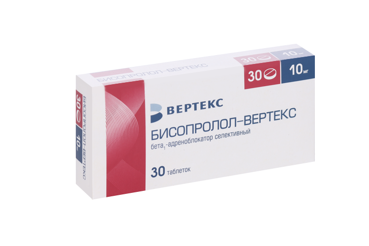 Бисопролол-Вертекс 10 мг, 30 шт, таблетки покрытые пленочной оболочкой