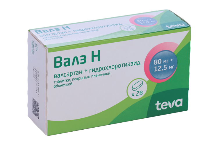 Валз Н 80 мг+12.5 мг, 28 шт, таблетки покрытые пленочной оболочкой