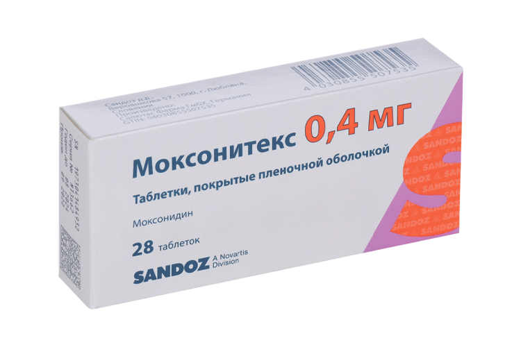 Моксонидин Моксонитекс 0.4 мг, 28 шт, таблетки покрытые пленочной оболочкой