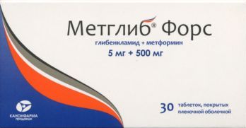 Метглиб Форс 5 мг+500 мг, 30 шт, таблетки покрытые пленочной оболочкой