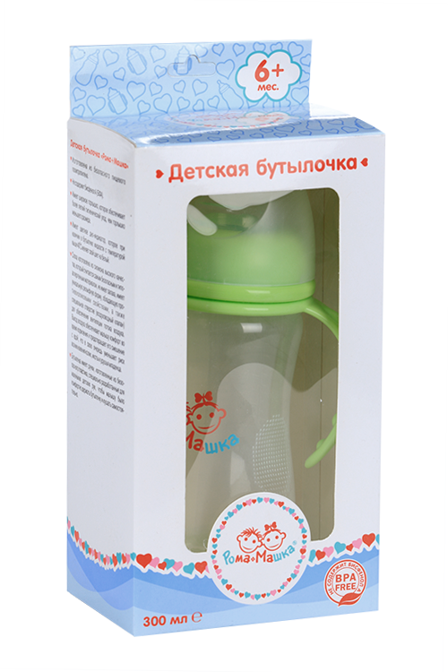 Бутылочка Рома+Машка полипропил/ручки/дно-индикатор/соска силик/шир горл 300 мл зеленая