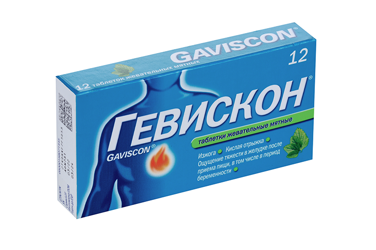 Гевискон 250 мг, 12 шт, таблетки жевательные мятные