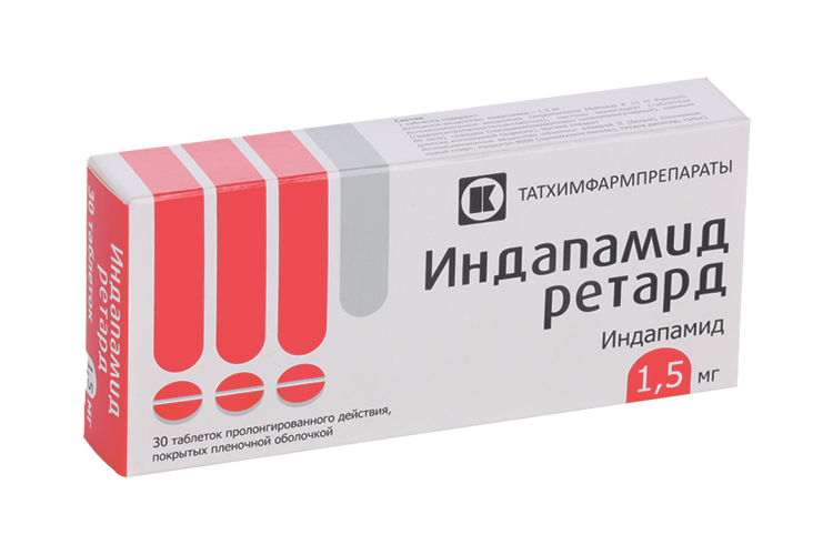 Индапамид ретард 1.5 мг, 30 шт, таблетки пролонгированного действия покрытые пленочной оболочкой .