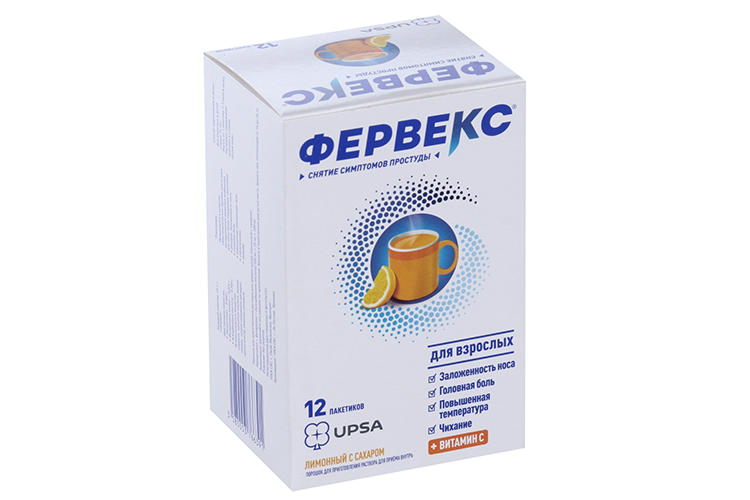 Фервекс 500 мг+25 мг+200 мг, 12 шт, порошок для приготовления раствора для приема внутрь лимон с сах