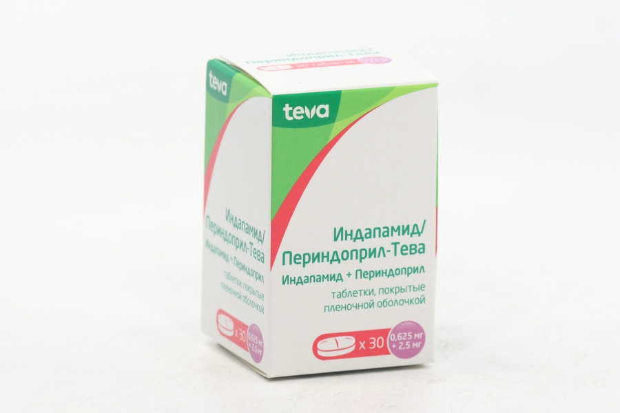 Индапамид/Периндоприл-Тева 0.625 мг+2.5 мг, 30 шт, таблетки покрытые пленочной оболочкой