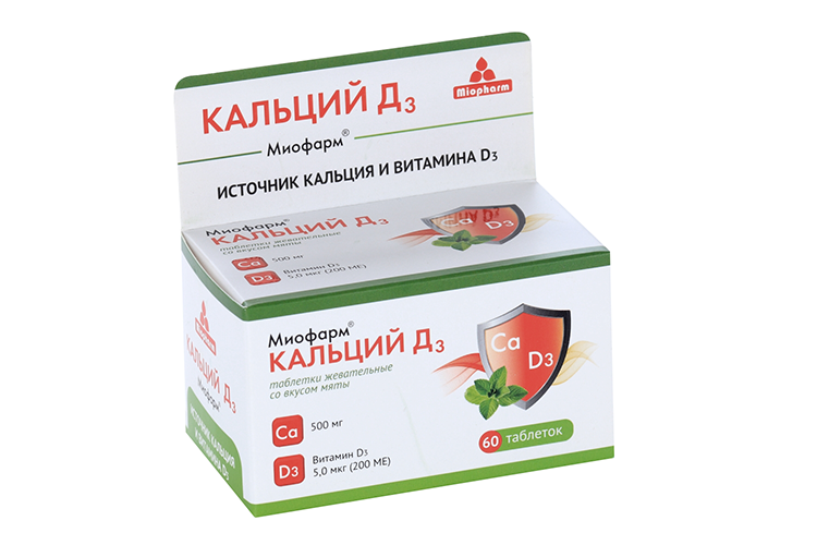Кальций Д3 Миофарм, 60 шт, таблетки жевательные мятные