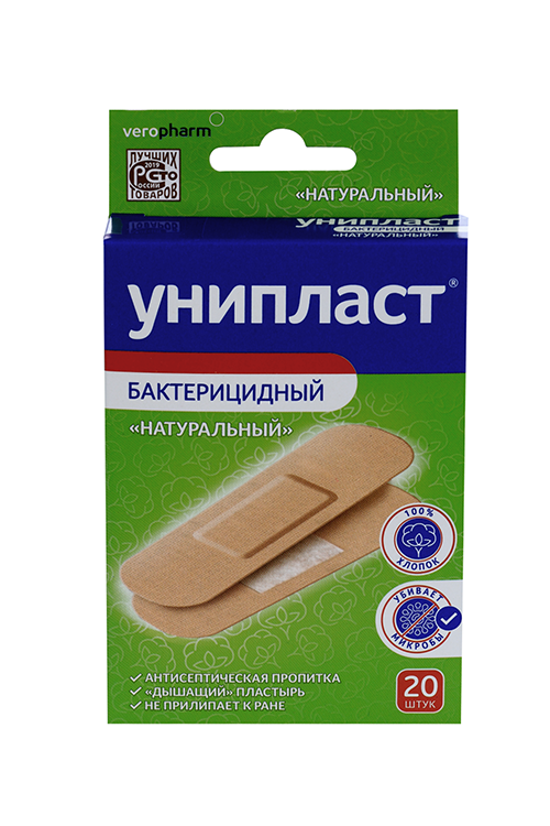 Лейкопластырь Унипласт бактер 1.9х7.2 см, 20 шт, (натуральный)