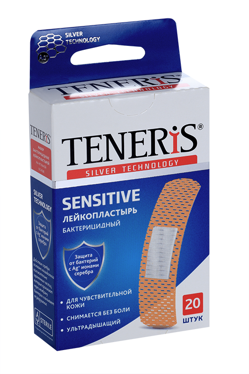 Пластырь Тенерис Сенситив бактериц с ионами серебра на нетканой основе, 20 шт