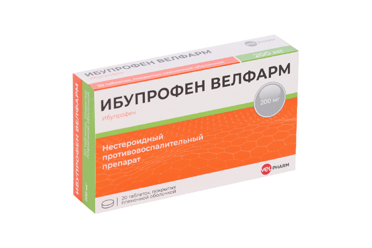 Ибупрофен Велфарм 200 мг, 20 шт, таблетки покрытые пленочной оболочкой