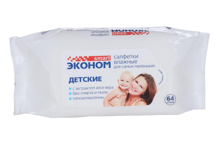 Салфетки влаж Эконом Смарт дет с экстр алоэ вера, 64 шт