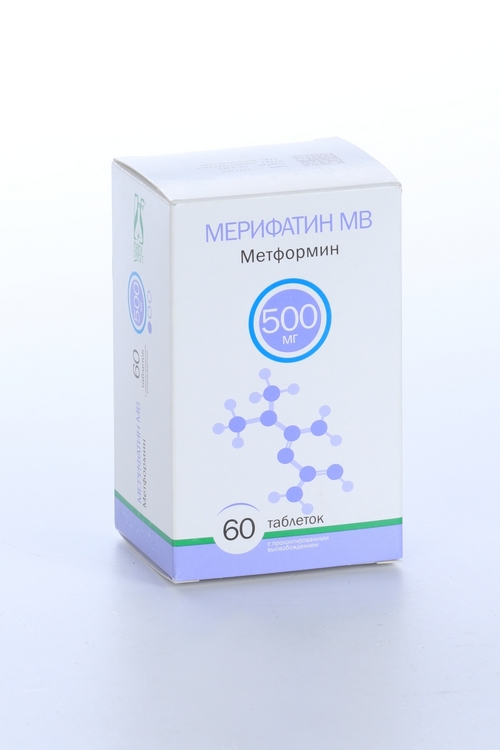 Метформин Мерифатин МВ 500 мг, 60 шт, таблетки с пролонгированным высвобождением