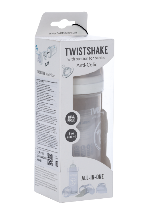 Бутылочка Twistshake антиколиковая д/кормления с контейнером белая, 260 мл