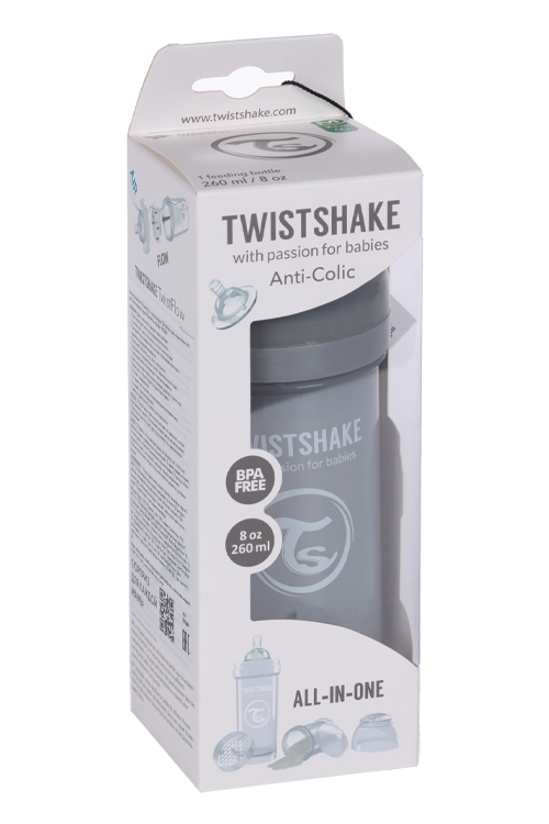 Бутылочка Twistshake антиколиковая д/кормления с контейнером серая, 260 мл