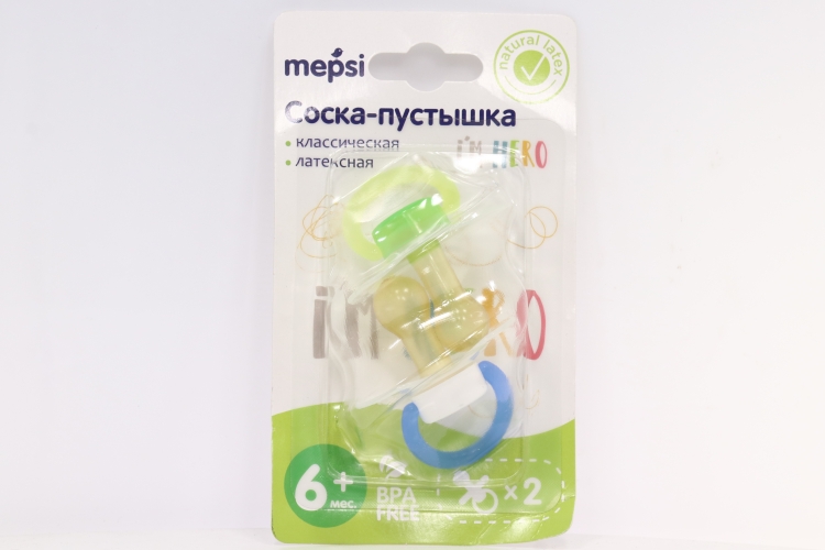 Соска-пустышка Мепси классич/латекс желт/зелен/голуб/бел (с 6 мес), 2 шт