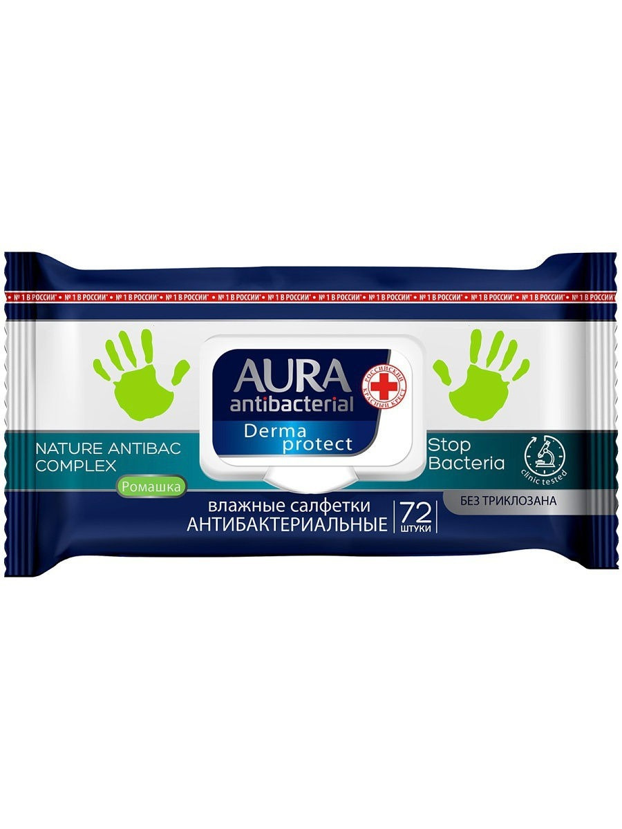 Набор Aura антибактериальные влажные салфетки Derma Protect ромашка big-pack с крышкой, 72 шт