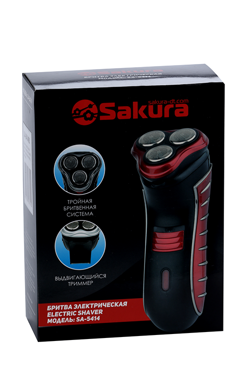 Электробритва Sakura SA-5414RB, сеточная, 3 плавающие головки, триммер, АКБ, красная