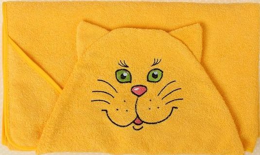 Полотенце-накидка махровое котик, 75×125 см, желтый, Хл, 300 г/м²