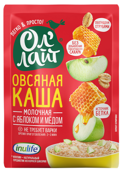 Каша Ол Лайт овсянная/молочная с яблоком/медом, 40 г