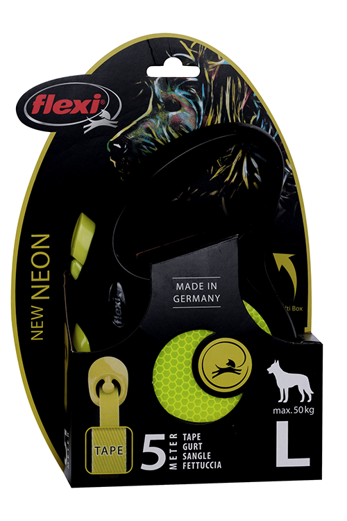 Поводок-рулетка Flexi new neon tape L 5 м 50 кг черный с желтым