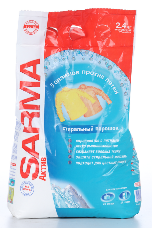 Стиральный порошок Sarma Актив «Горная свежесть», 5 энзимов против пятен, 2,4 кг