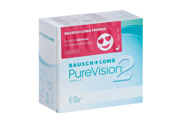 Линзы Bausch+Lomb Pure Vision 2 контактные R 8.6 (диоптрия -6,0), 6 шт