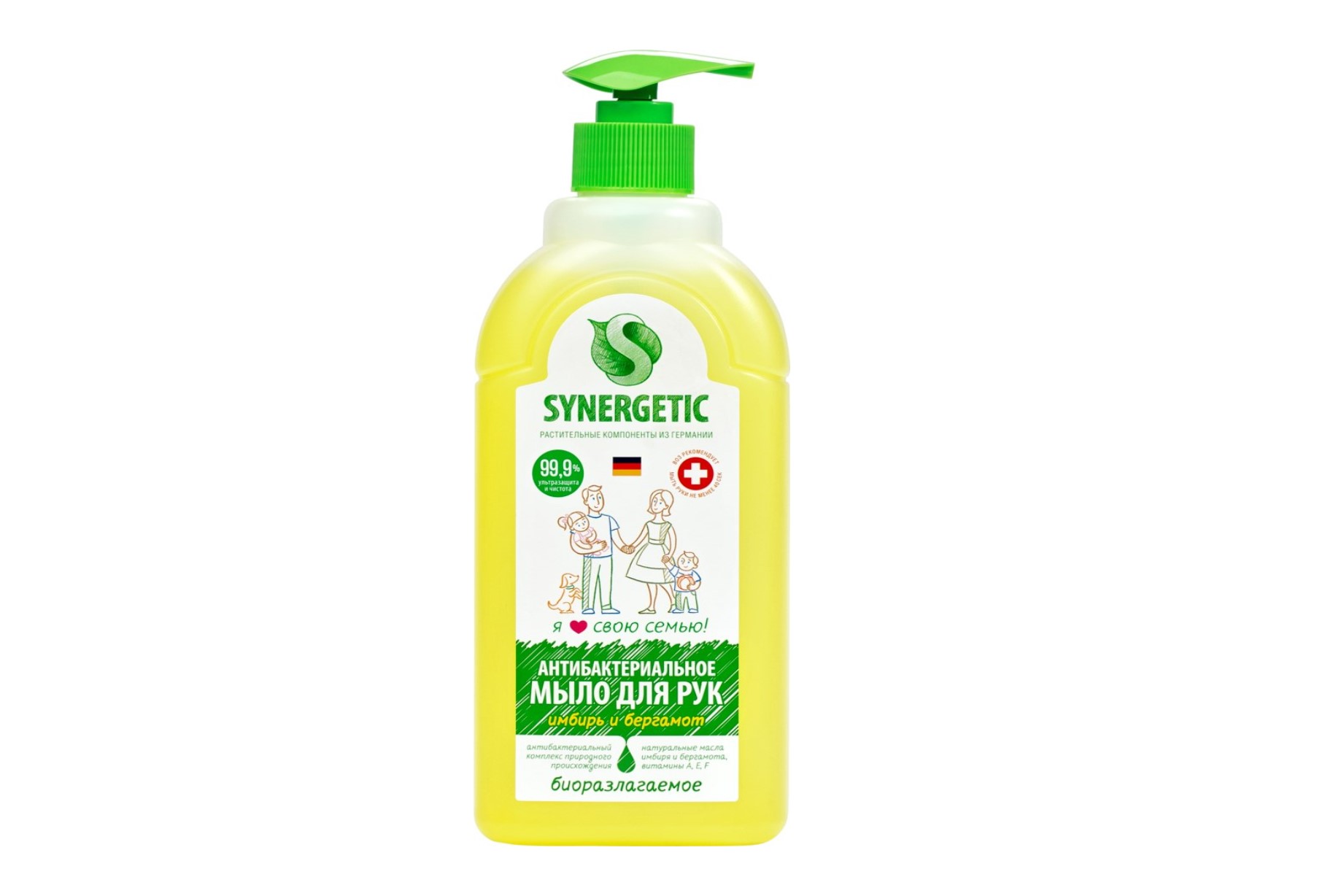 Мыло жидкое SYNERGETIC д/рук и тела имбирь и бергамот антибактериальное, 1 л