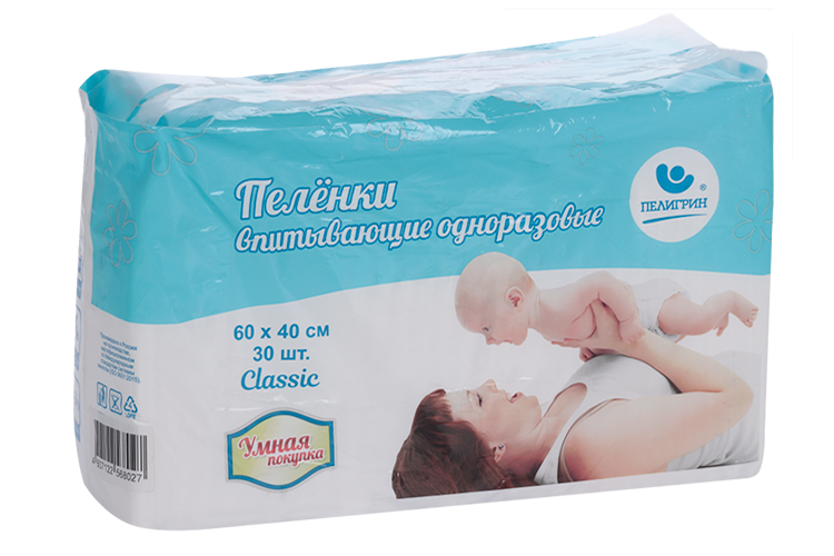 Пеленки ПЕЛИГРИН Classic Умная покупка одноразовые впитывающие д/детей 60х40 см, 30 шт