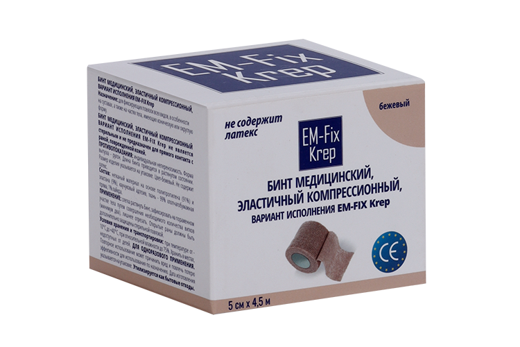 Медицинский бинт EM-Fix Krep эластичный компресс стягивающий 5 смх4,5 м беж