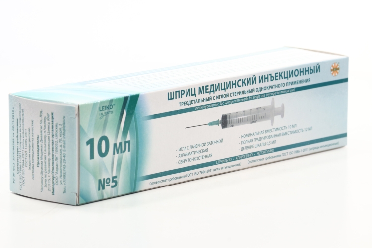 Шприц Лейко Luer slip стер инъекц однораз 3-х комп с иглой 21G (0,8 х 38мм) 10(12) мл, 5 шт
