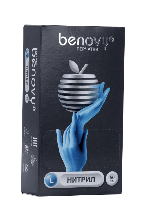 Перчатки BENOVY однораз нитрил L, 50 шт, пара голубые