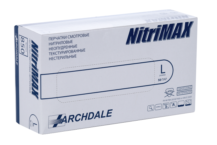 Перчатки ARCHDALE Nitrimax нитрил/смотровые/неопудр/нестерил L, 50 шт, пара белые