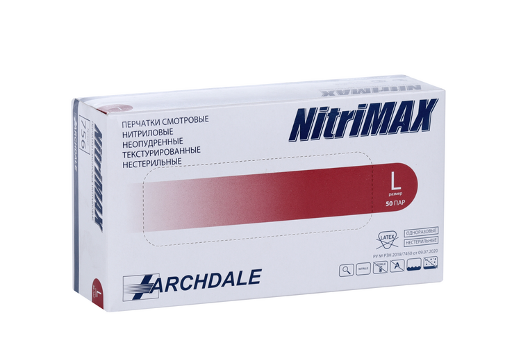 Перчатки ARCHDALE Nitrimax нитрил/смотровые/неопудр/нестерил L, 50 шт, пара красные