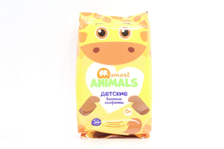 Салфетки Smart Animals детские  влажные с экстрактом ромашки и витамином Е, 50 шт
