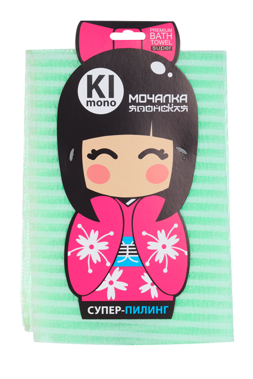 Мочалка-полотенце KIMONO 90х30 см, полоса/зелёно-белый