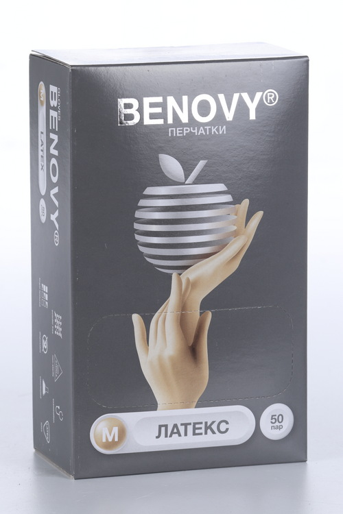 Перчатки BENOVY однораз латекс неопудренные М, 50 шт, пара