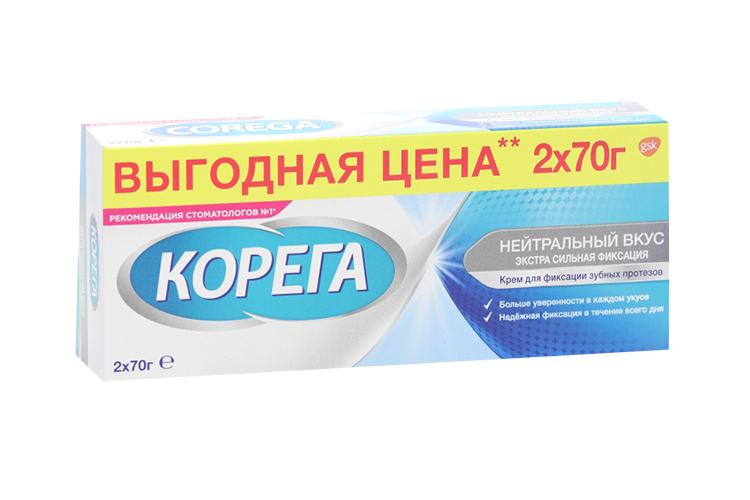 Крем Корега Нейтральный Экстра сильная фиксация д/зуб протезов, 140 г, 2е упаковки по 70г