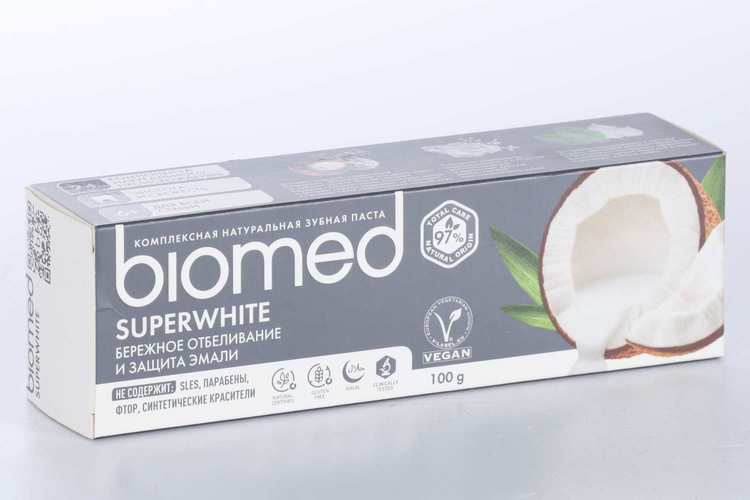 З/паста BIOMED натуральная SUPERWHITE бережно отбеливающая/защита эмали, 100 г