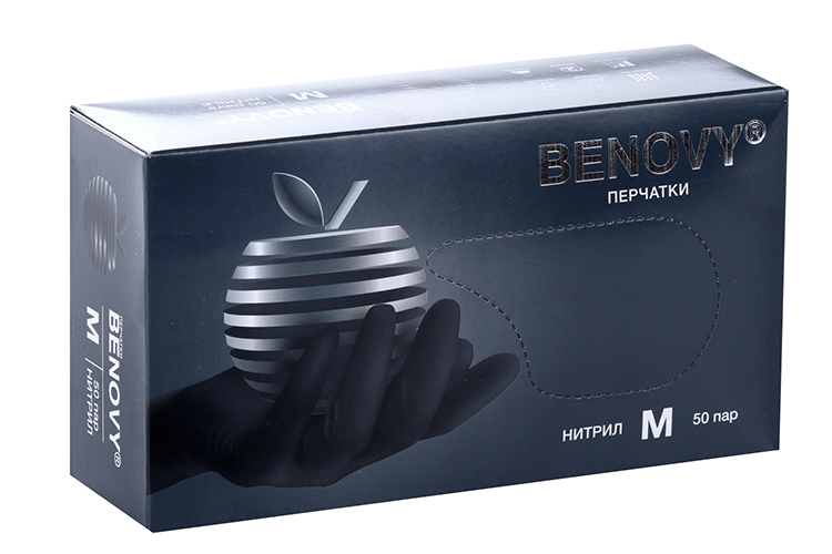 Перчатки Benovy смотр/нитрил/нестерил/неопуд текстур на пальцах с однокр хлоринацией черн M, 50 шт