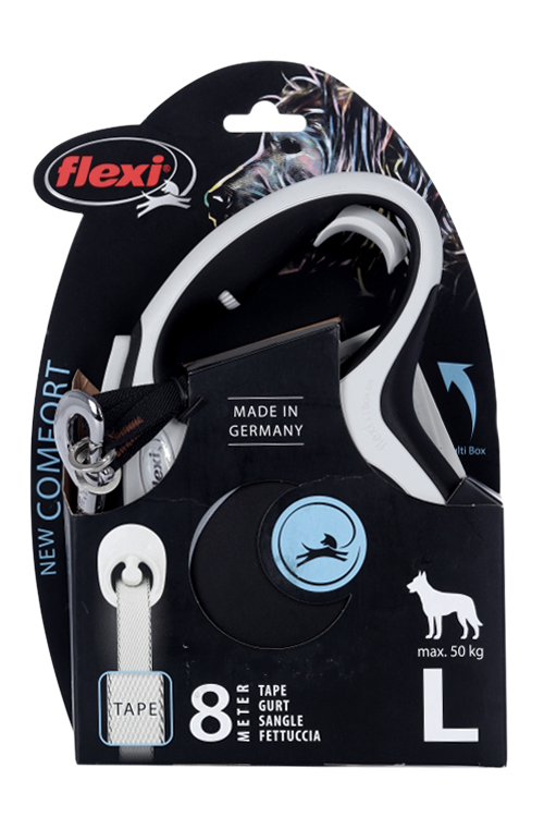 Поводок-рулетка Flexi New Comfort д/собак до 50 кг с рукояткой Soft-Touch лента L 8 м черн/сер