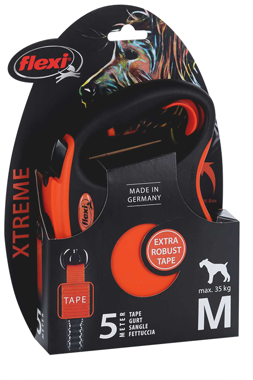 Поводок-рулетка Flexi Xtreme д/собак до 35 кг с рукояткой Soft-Touch лента M 5 м черн/оранж