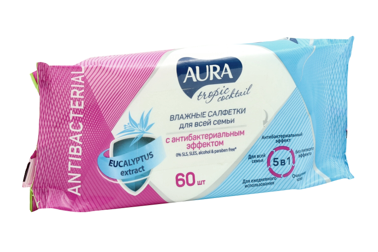 Влажные салфетки Aura Tropic Cocktail c антибактериальным эффектом 60 шт